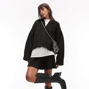 Tophsop | Knitted Ribbed Collar Crop Jumper